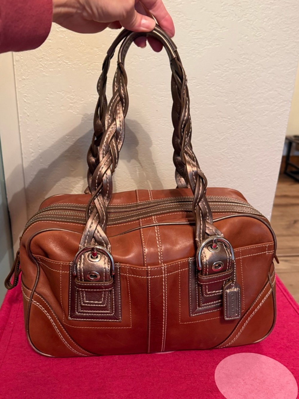 Coach Brown Leather Satchel with Braided Metallic Handles